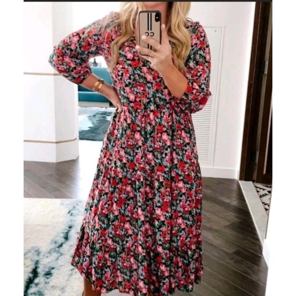 Zara Floral Printed MIDI Dress Size Medium  Boho Prairie Fall Vibes. HL135
